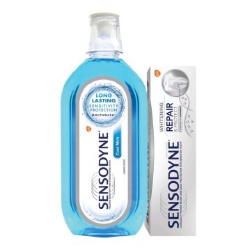 Pachet Pastă de dinți Repair & Protect Whitening Sensodyne, 75 ml + Apă de gură Senzitivity Protection Sensodyne, 500 ml, Gsk
