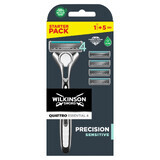 Wilkinson Sword Quattro Titanium Sensitive, aparat de ras, mâner + 5 cartușe de schimb