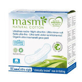 Masmi Natural Cotton, șervețele sanitare din bumbac organic, cu aripi, pentru noapte, ultra-subțiri, 10 bucăți