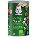 Gerber Organic, chipsuri de orez și grâu, banane, zmeură, de la 8 luni, 35 g