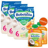 BoboVita Tasty Dinner Set Terci de lapte și orez, 3 fructe, fără gluten, după 6 luni, 3 x 230 g + Mousse în tub, banană cu mango și nucă de cocos, 2 x 80 g gratuit