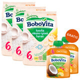 Set BoboVita Terci de lapte și orez, banane, fără gluten, după 6 luni, 3 x 230 g + Mousse în tub, banane cu mango și nucă de cocos, 2 x 80 g gratuit