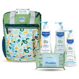 Mustela Layout Backpack, gel de spălare, 500 ml + apă de curățare, 500 ml + lapte de corp, 300 ml + șervețele umede, 60 bucăți