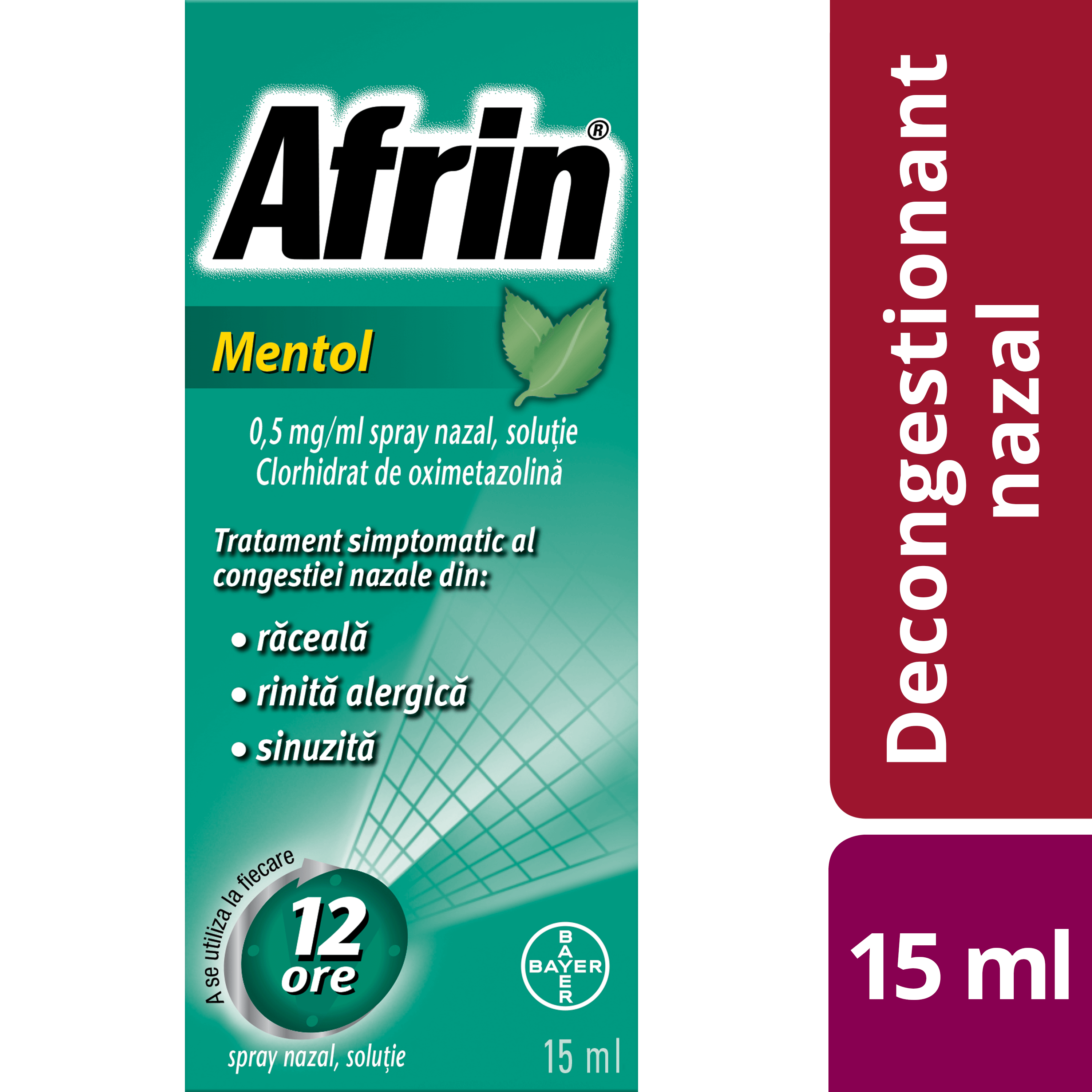 Afrin Mentol 0,5mg/ml No Drip, spray nazal cu pompă dozatoare - Tratament rapid al congestiei nazale - 15ml