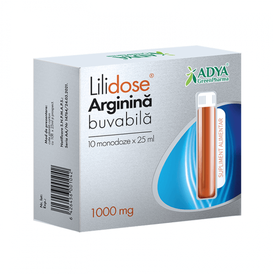 Lilidose Arginina buvabila, 1000 mg, 10 monodoze, Adya Green Pharma Vitamine si suplimente