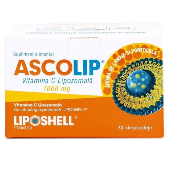 Ascolip Vitamina C Lipozomala cu aroma de portocale, 1000 mg, 30 plicuri, Liposhell Vitamine si suplimente