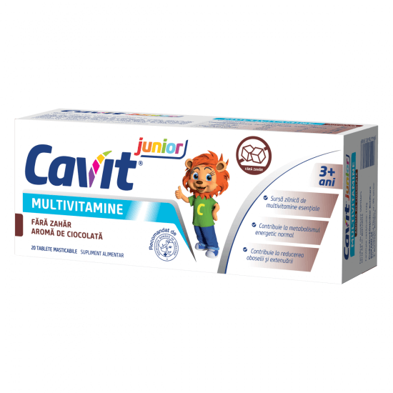 Cavit Junior fara zahar aroma ciocolata, 20 tablete masticabile, Biofarm Mama si copilul