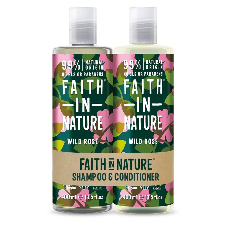 Set Sampon & Balsam cu Trandafir Salbatic, pt toate tipurile de par, Faith in Nature, 2 x 400 ml