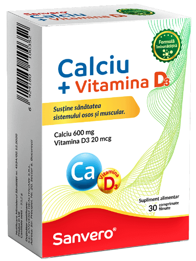 Calciu + Vitamina D3 - 30 Comprimate Filmate, Sanvero