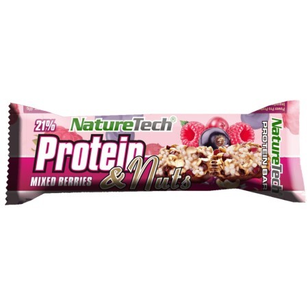 Baton energizant cu 21% Proteina, fructe de padure si nuci Protein nuts, 45 g, Nature Tech