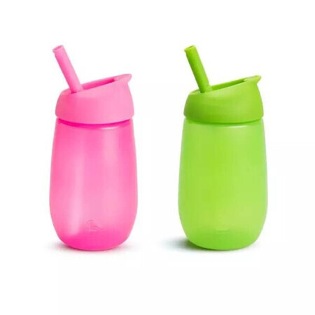 Set 2 Cani de tranzitie cu pai Simple Clean, +12 luni, Green-Pink, 2x296 ml, Munchkin