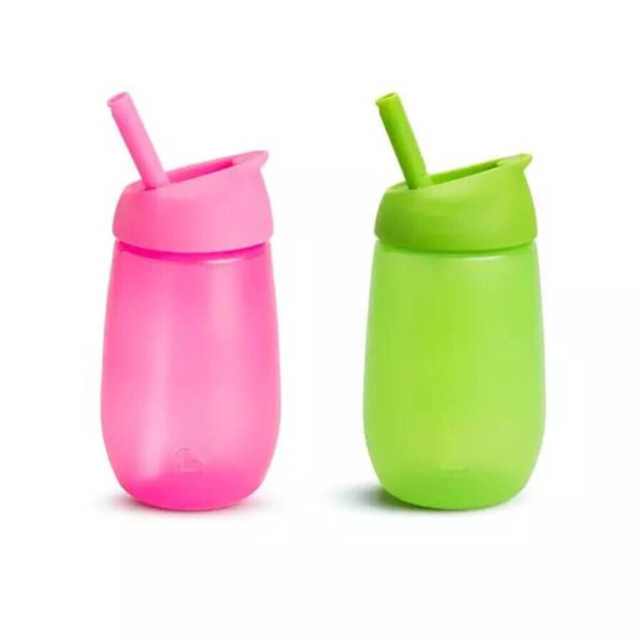 Set 2 Cani de tranzitie cu pai Simple Clean, +12 luni, Green-Pink, 2x296 ml, Munchkin