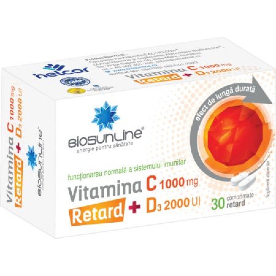 Vitamina C 1000 mg + D3 2000 UI Retard Biosunline, 30 comprimate, AC Helcor