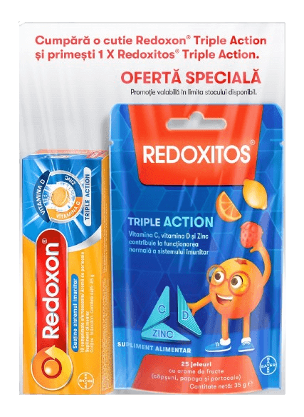 Pachet Redoxon Triple Action Vitamina C, D si Zinc, 10 comprimate + Jeleuri cu vitamina C 30 mg Redoxitos Triple Action, 25 bucati, Bayer