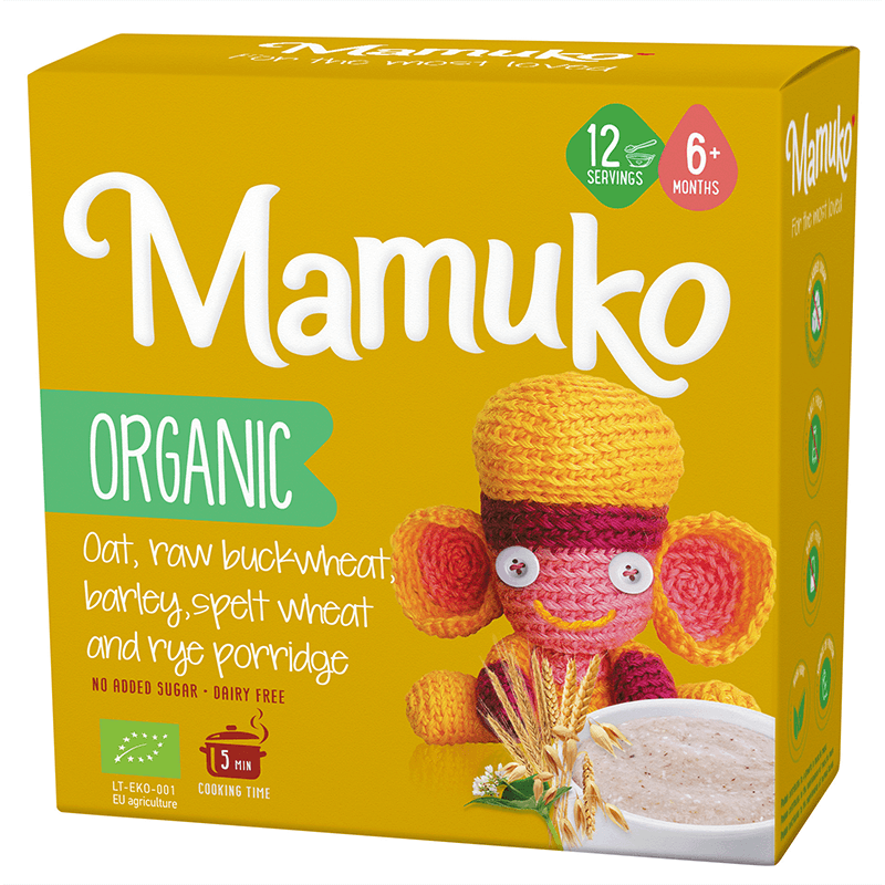 Porridge din ovaz hrisca orz spelta si secara Bio fara zahar pentru copii, +6 luni, 200 g, Mamuko