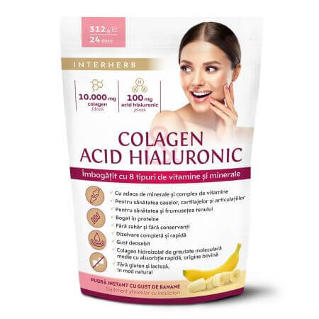 Pulbere instant de colagen si acid hialuronic cu gust de banane Shake, 312 g, Interherb