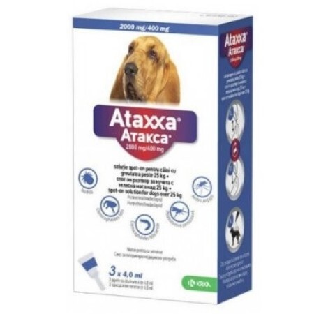 Antiparazitar extern pentru caini >25 Kg, 100+500 mg/ml, 3 pipete x 4 ml, Ataxxa 400