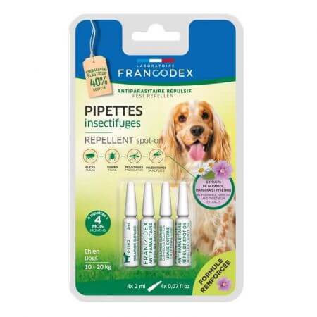 Pipete repelente antiparazitare cu geraniol pentru caini intre 10-20 kg, 4 X 2 ml, Francodex