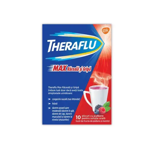 Theraflu Max Raceala si Gripa cu aroma de fructe de padure si mentol, 10 plicuri, GSK