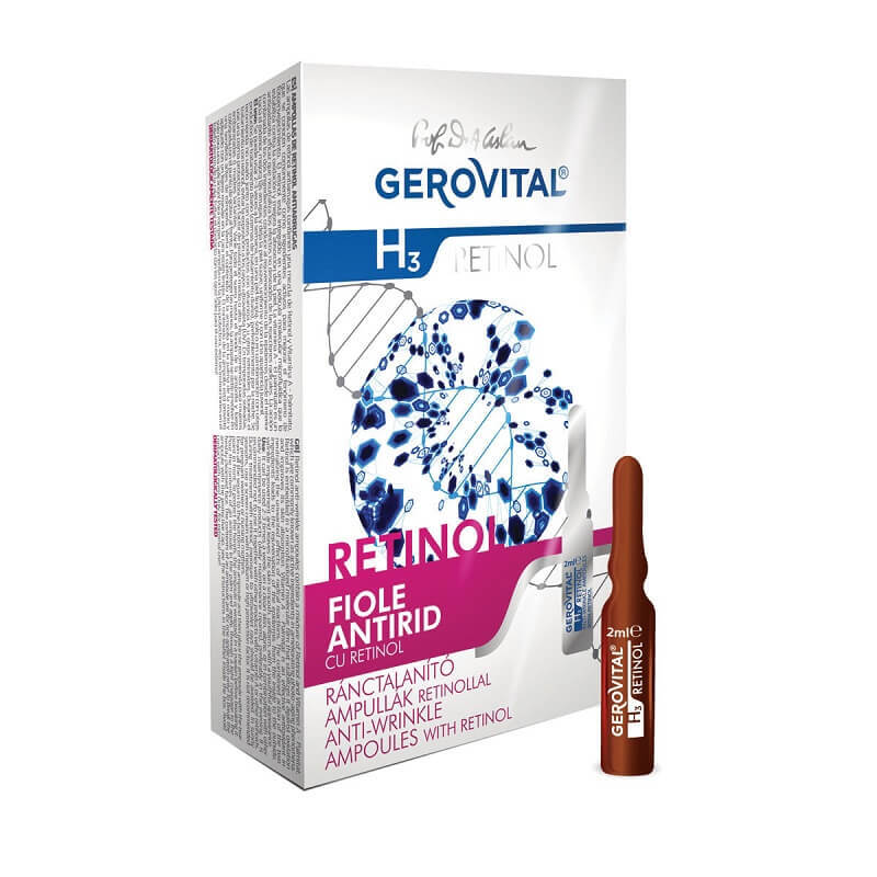 Fiole antirid cu retinol Gerovital H3 Retinol, 10 fiole x 2 ml, Farmec Frumusete si ingrijire
