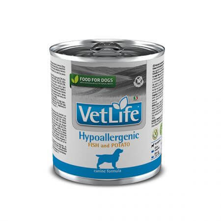 Hrana umeda cu peste si cartofi pentru caini Canine Hypoallergenic Fish & Potato, 300 g, Vet Life