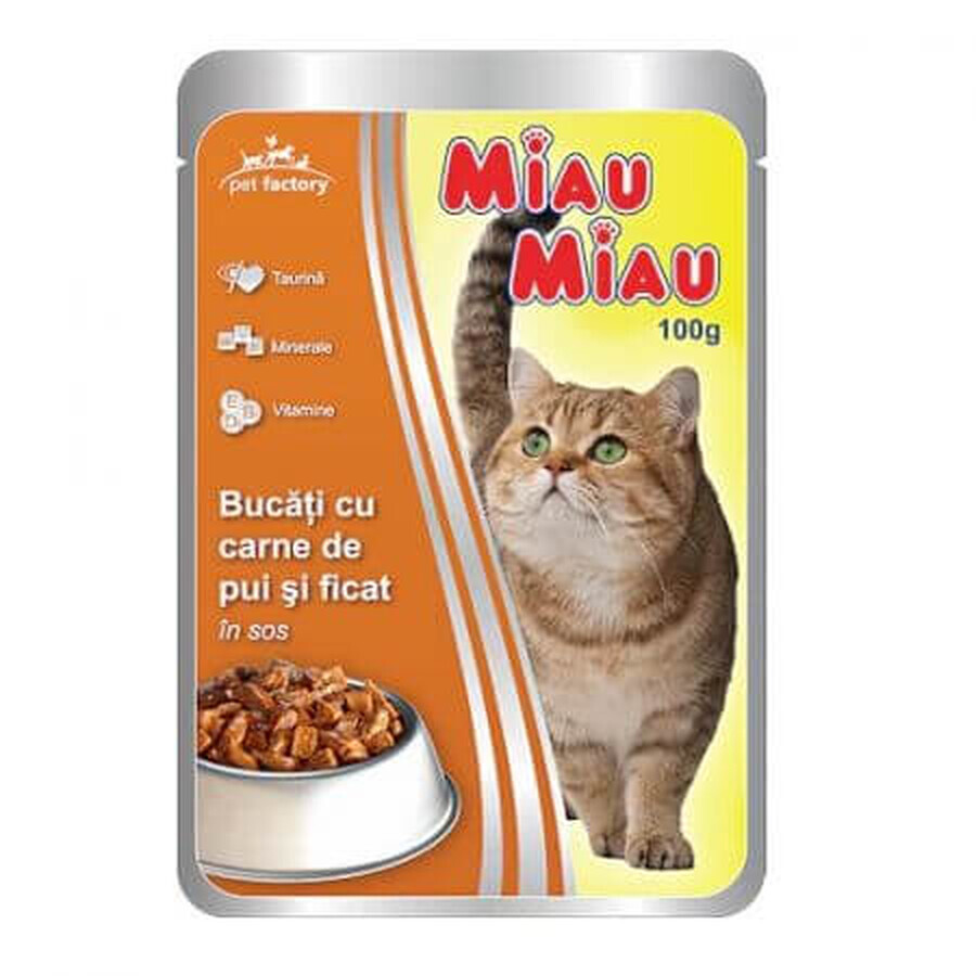 Hrana umeda cu pui si ficat in sos pentru pisici, 100 g, Miau-Miau