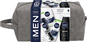 Nivea MEN Set cadou SENSITIVE PREMIUM gel de ras + balsam după ras + eo spray + gel de duș, 1 buc