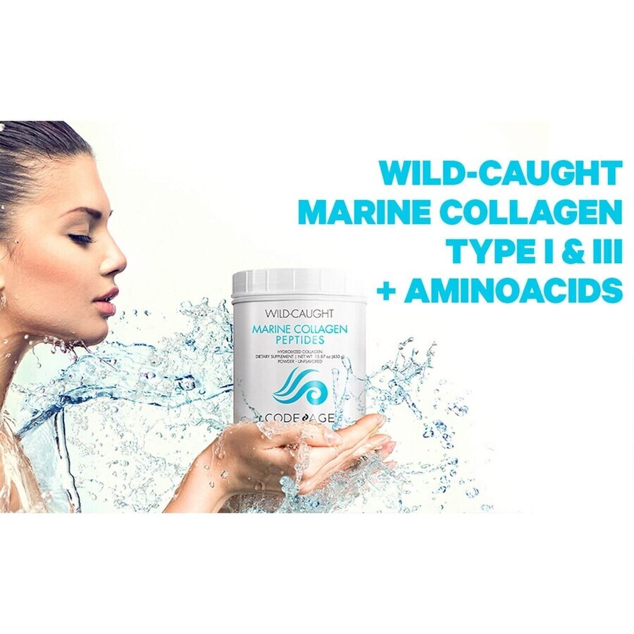 Code Age Wild-Caught Marine Hydrolyzed Collagen Peptides Powder Type I and III, Colagen Marin din Pesti Salbatici Tip I si III, 450 g, GNC