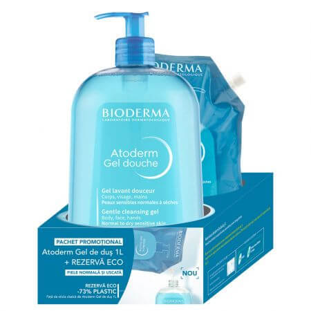 Pachet Gel de dus Atoderm + Rezerva eco gel de dus Atoderm, 2 x 1000 ml, Bioderma