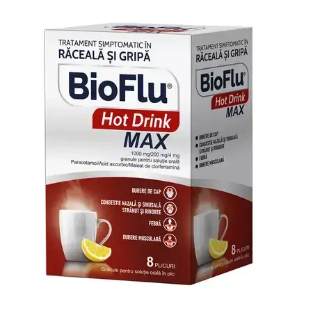 Bioflu Hot Drink Max, 1000 mg/200 mg/4 mg granule pentru suspensie orală, 8 plicuri, Biofarm