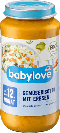 Babylove Meniu Risotto de legume cu mazăre de 12 luni, 250 g
