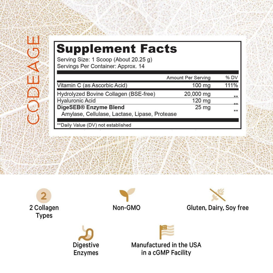 Codeage Collagen Vitamin C+, Colagen Hidrolizat cu Vitamina C si Acid Hialuronic, 283 g, GNC