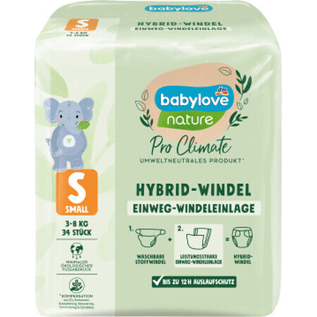 Babylove nature Scutece hybrid pentru copii mărimea S, 3-8kg, 34 buc