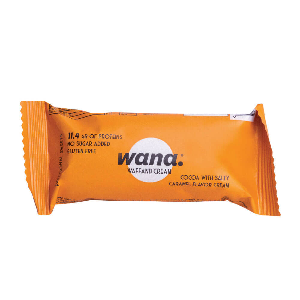 foi napolitana cu crema caramel si nuca de post Napolitana proteica Wana Cocoa Chocolate and Salty Caramel, 43 g, Wana