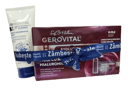 Pachet Gerovital Fiole cu Ac.Hialuronic 2 ml x 10 + Gerovital Classic Crema Regeneranta maini 100 ml