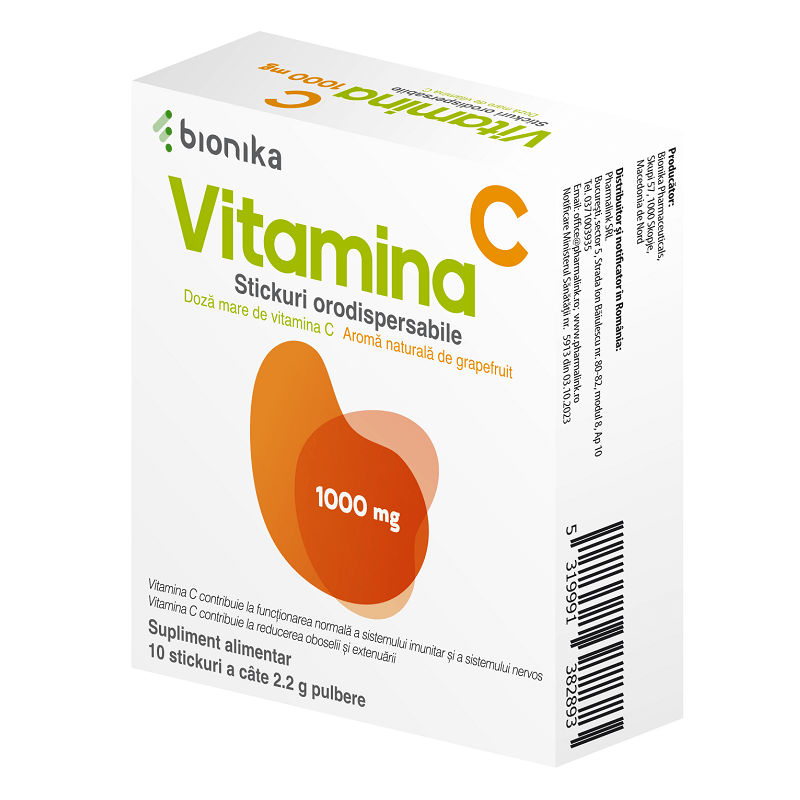 Vitamina C, 1000 mg, 10 stickuri cu pulbere orodispersabila, Bionika