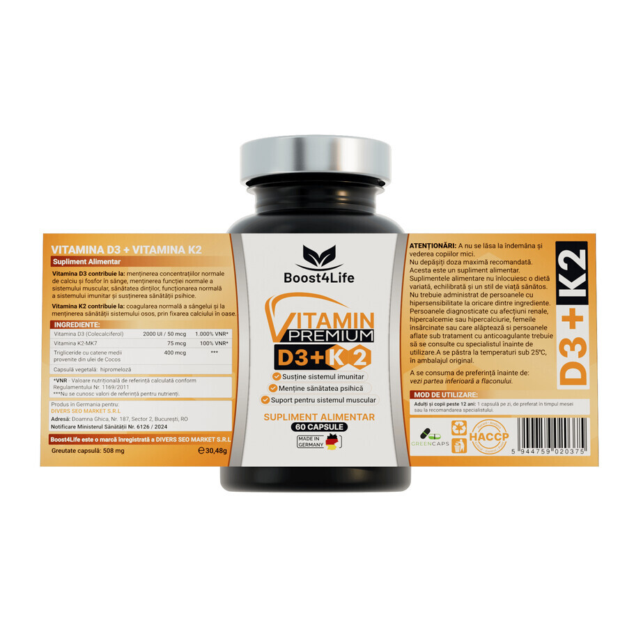 Vitamina D3 + K2 Premium GreenCaps, 60 capsule, Boost4Life