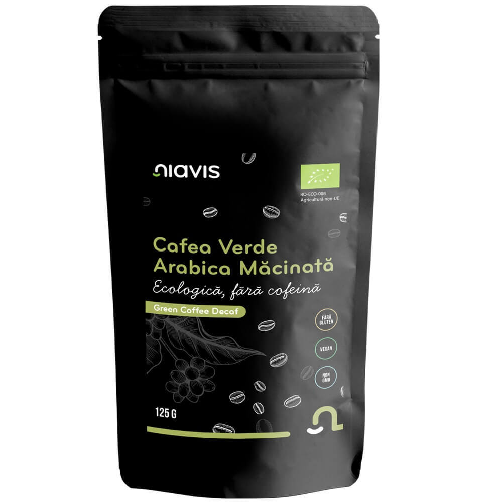 cate mg de cofeina are o cafea Cafea Verde Arabica macinata fara cofeina Bio, 125 g, Niavis
