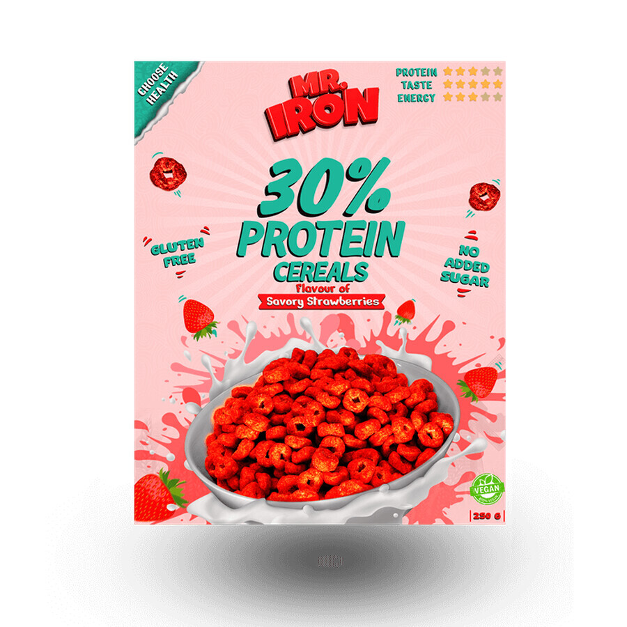 Cereale proteice cu capsuni si mar, vegane, fara zahar si fara gluten, 250 g, Mister Iron