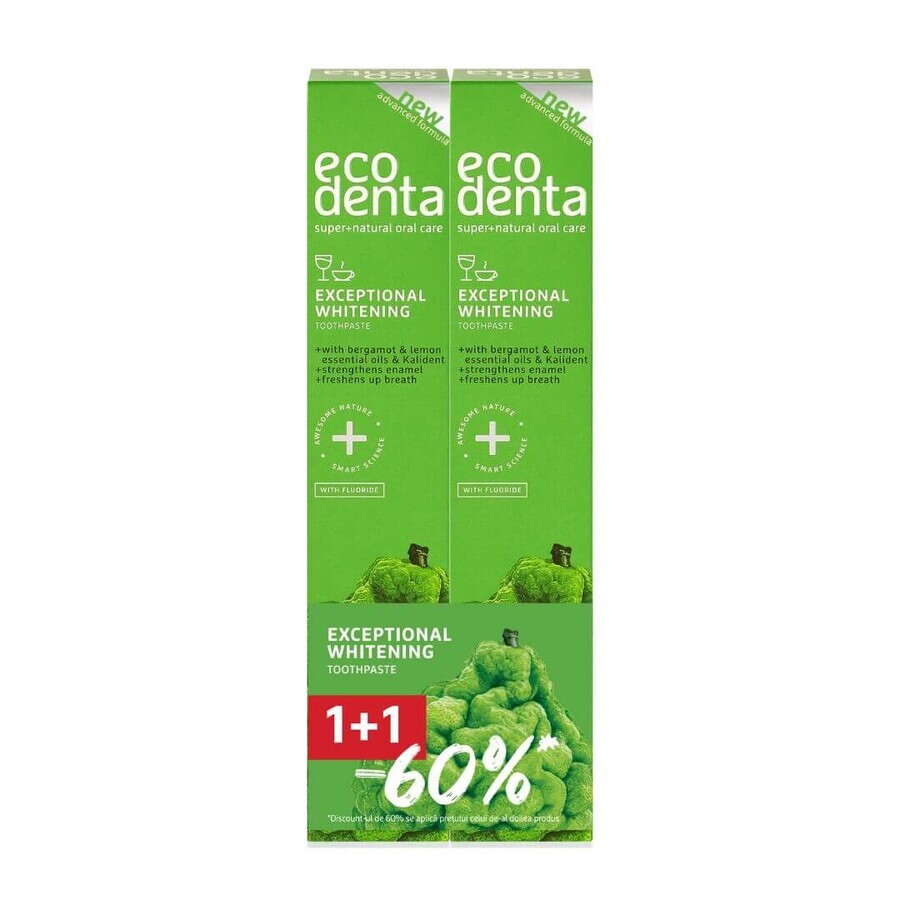 Pachet 1+1-60% Pasta de dinti pentru albire cu bergamot, uleiuri de lamaie si Kalident, Ecodenta, 2x75ml