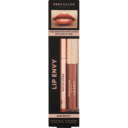 Set Lip Envy Bare Beauty, luciu de buze ultra neted si lucios &amp; creion pentru buze cu finish satinat, Profusion Cosmetics, 3,5 ml + 0,3 g