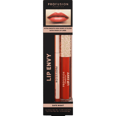 Set Lip Envy Date Night, luciu de buze ultra neted si lucios &amp; creion pentru buze cu finish satinat, Profusion Cosmetics, 3,5 ml + 0,3 g