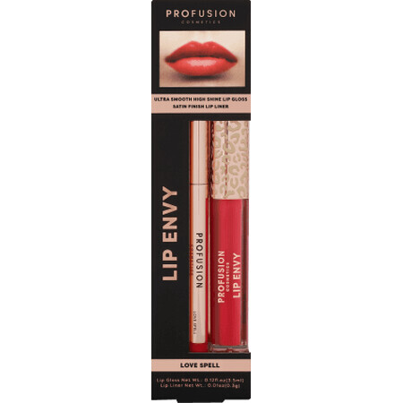Set Lip Envy Love Spell, luciu de buze ultra neted si lucios &amp; creion pentru buze cu finish satinat, Profusion Cosmetics, 3,5 ml + 0,3 g