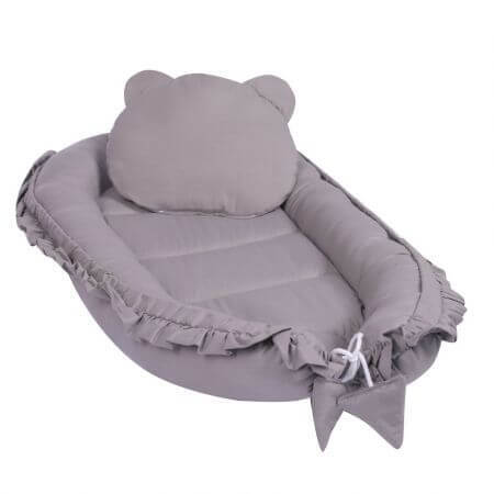 Baby Nest din bumbac cu pernuta, Grey, E-Kids