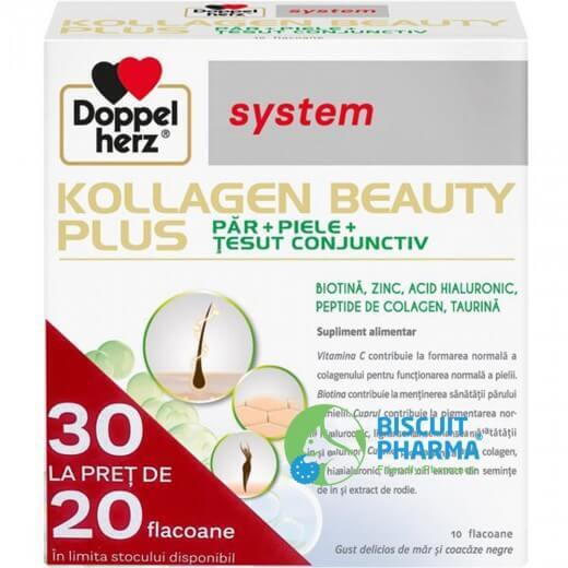 kollagen 11000 plus 30 la pret de 20 Kollagen (Colagen) Beauty Plus System pentru Par si Piele cu Biotina si Acid Hialuronic, 30 doze la pret de 20 doze, Doppelherz