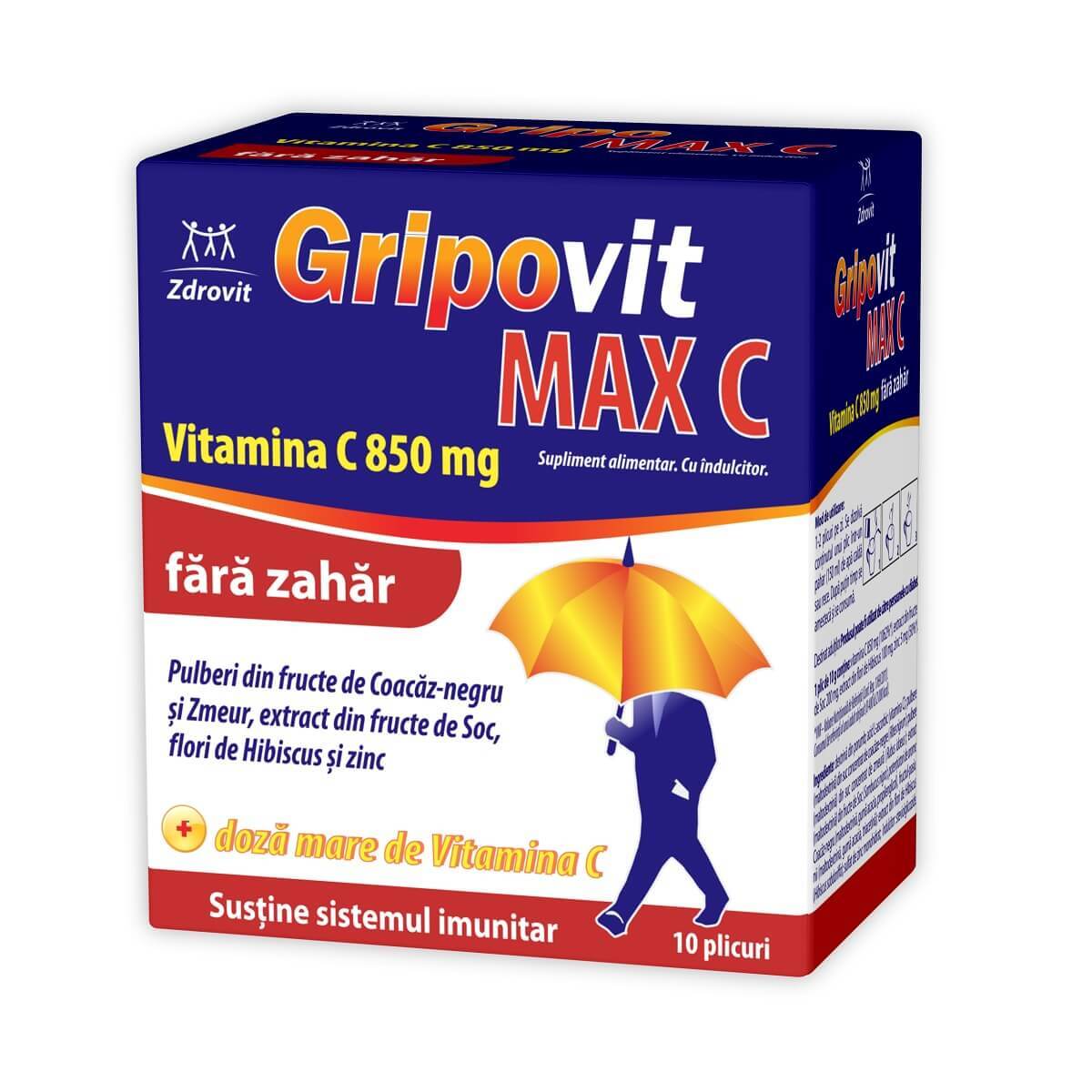Gripovit Max C fără zahăr, 10 plicuri, Zdrovit Vitamine si suplimente