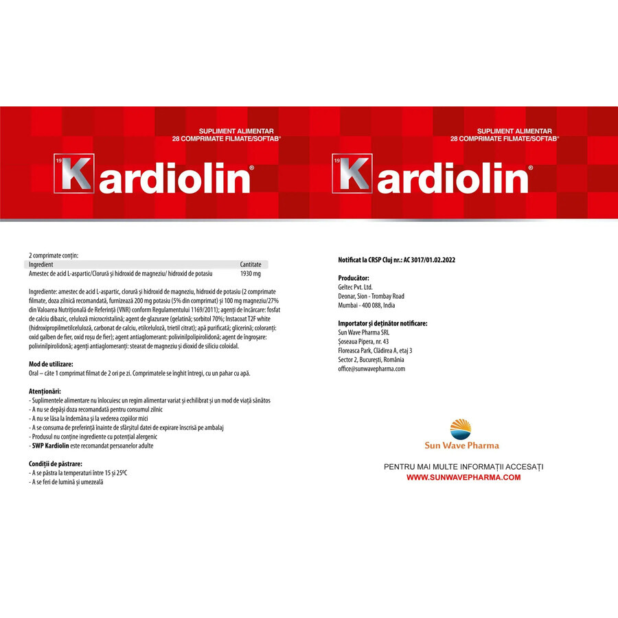 Kardiolin, 28 comprimate filmate , Sun Wave Pharma