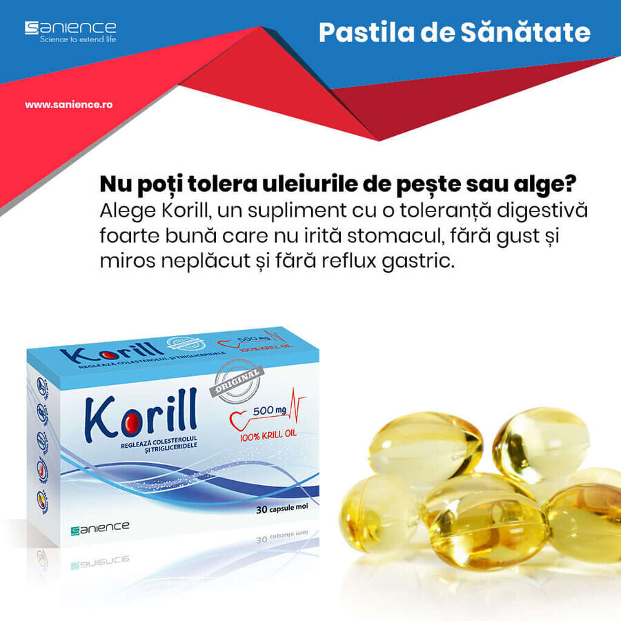 Korill ulei pur de krill 500 mg, 30 capsule, Sanience