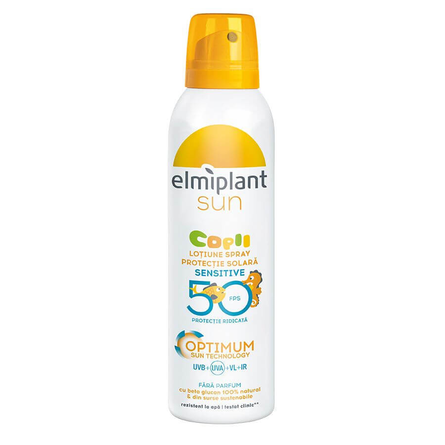 Lotiune spray pentru copii cu protectie solara ridicata Sensitive SPF 50 Optimum Sun, 150 ml, Elmiplant