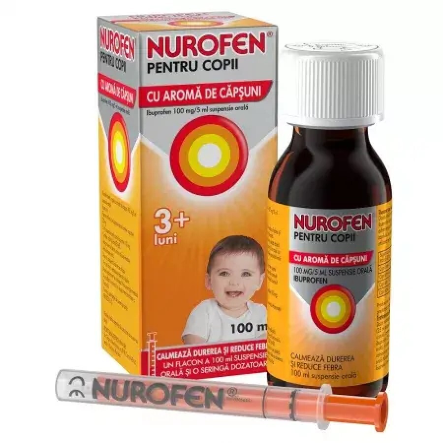 Nurofen 100mg pentru copii  3 luni aroma de căpșuni, 100 ml, Reckitt Benckiser Healthcare